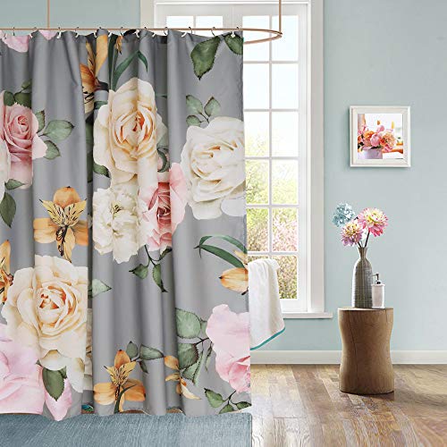 Product Cover Uphome Floral Fabric Shower Curtain, Grey and Cream Shabby Chic Rose Flower Cloth Shower Curtain 180 GSM Thick Water Repellent Pastel Spring Penny Bathroom Curtains for Shower with Hooks Set, 72 x 78
