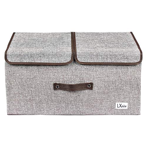 Product Cover LXOICE Linen Fabric Foldable Cloth Storage Boxes with Lid, Handles, Removable Divider (Grey)