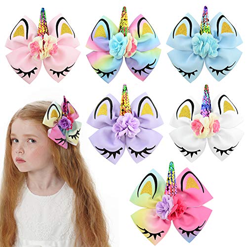 Product Cover Girls Unicorn Hair Bows with Alligator Hair Clips Cheer Bows Hair Accessories for Kids Toddlers 6 Packs