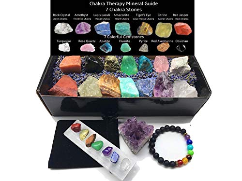 Product Cover Chakra Therapy Collection(Large)24 pcs healing crystals kit, 7 Raw Chakra stones,7 colorful Gems,7 mini tumbled chakra stones Amethyst,Chakra lava bracelet,Selenite charging plate,Lavender, Guide, COA