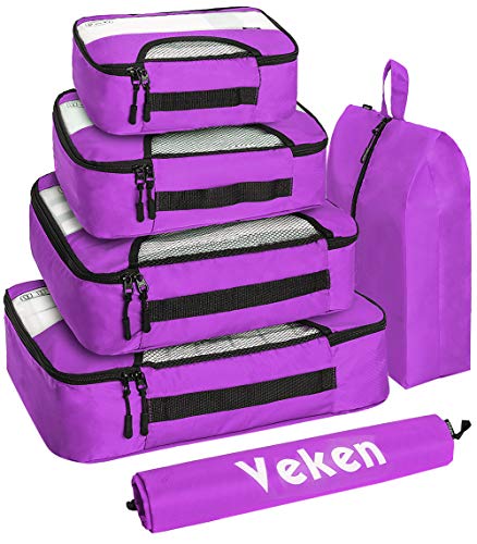 Product Cover Veken 6 Set Packing Cubes, Travel Luggage Organizers with Laundry Bag & Shoe Bag, Purple, XL-Large, Large, Medium, Small