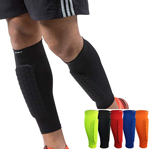 Product Cover HiRui Calf Compression Sleeve,Shin Guards for Soccer Calf Brace Honeycomb Crashproof Calf Pads for Shin Splint, Pain Relief, Basketball Baseball Cycling, Kids Youth Adult(1Pair) (Black, L)