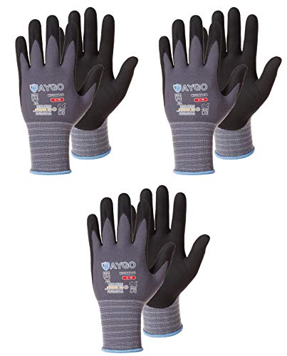 Product Cover Safety Work Gloves MicroFoam Nitrile Coated-3 Pairs,KAYGO KG18NB,Seamless Knit Nylon Glove with Black Micro-Foam Nitrile Grip,Ideal for General Purpose,Automotive,Home Improvement,Painting