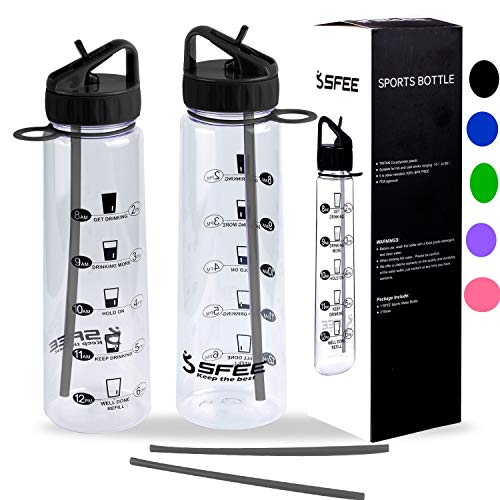 Product Cover Sfee 30oz Water Bottle with Time Marker, Motivational Sports Straw BPA Free Water Bottles Tracker - Reusable, Tritan Plastic, No Leak, Non-Toxic for Outdoors Hiking Cycling Fitness + 2 Straws(Black)