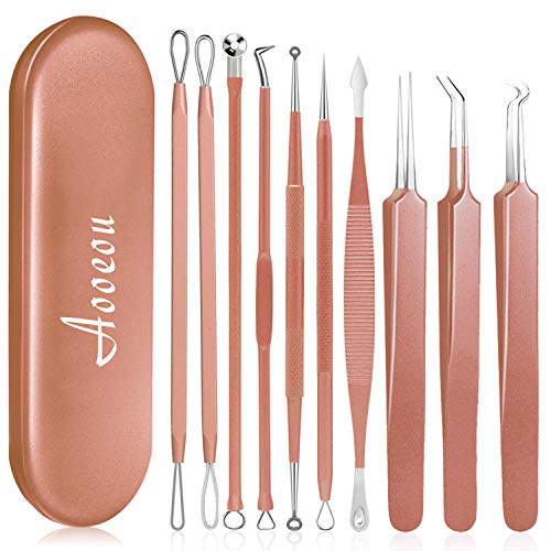 Product Cover 10 PCS Blackhead Remover Tool Kit, Aooeou Professional Stainless Steel Pimple Popper Tool Treatment for Blemish, Whitehead Popping, Zit Removing for Nose Face