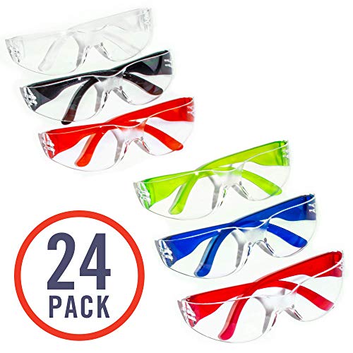 Product Cover 24 Pack of Safety Glasses (24 Protective Goggles in 6 Different Colors) Crystal Clear Eye Protection - Perfect for Construction, Shooting, Lab Work, and More!