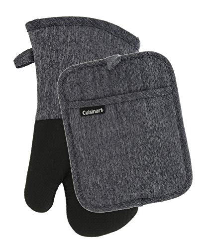 Product Cover Cuisinart Kitchen Oven Mitt/Glove & Rectangle Potholder with Pocket Set- Neoprene for Easy Gripping, Heat Resistant Chambray Kitchen Accessories- Charcoal