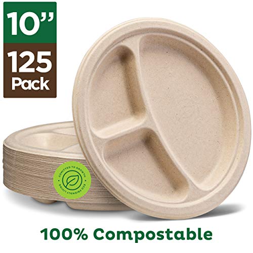 Product Cover 100% Compostable Paper Plates [10 inch - 125-Pack] 3 Compartment Disposable Plates Heavy-Duty Quality, Natural Bagasse Eco-Friendly Made of Sugar Cane & Wheat Straw Fibers, 10