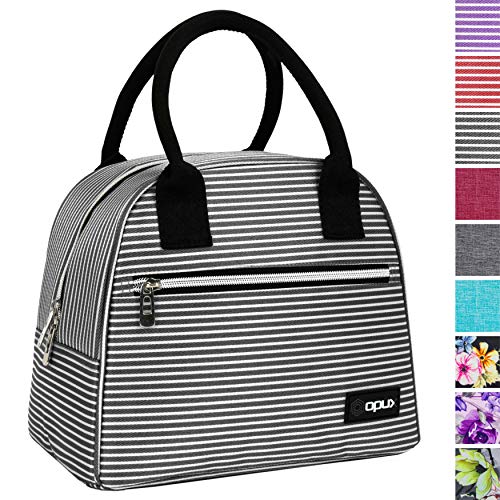 Product Cover OPUX Lunch Bag for Women | Insulated Lunch Tote for Ladies, Girls, Female | Medium Reusable Soft Lunch Box Purse Cooler for School, Work, Office | Fits 12 Cans (Black White Stripes)