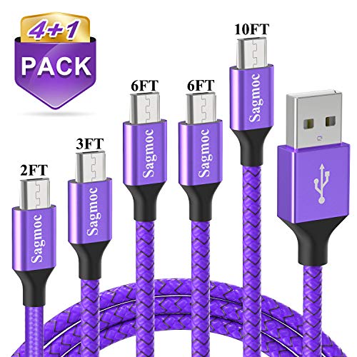 Product Cover Micro USB Rapid Charger Cable Purple - Sagmoc Premium Android Charging Cord Nylon Braided [4+1 Pack] 10FT 2x6FT 3FT 2FT for Samsung, Nexus, LG, HTC, Nokia, Sony, Moto, HP, BlackBerry