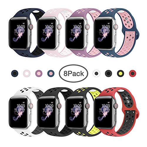 Product Cover BMBMPT Compatible with iWatch Bands 38mm 40mm 42mm 44mm Soft Silicone Sport Strap Replacement Band for iWatch Series 4,Series 3,Series 2,Series 1,Nike+,Sport,Edition (8 Pack, 42mm/44mm M/L)
