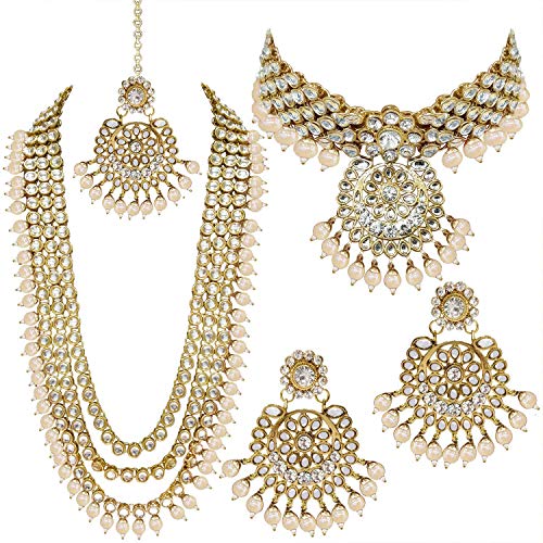 Product Cover I Jewels Indian Wedding Kundan Beaded Bridal Long Necklace Choker Earrings with Maang Tikka Traditional Jewelry Set for Women (IJ325W)