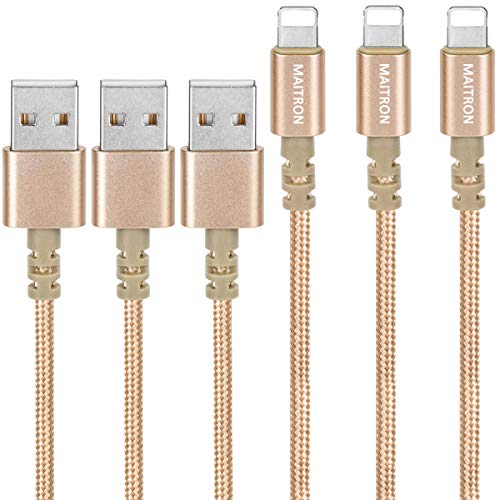 Product Cover iPhone Charger,Maitron 3PACK 6FT Nylon Braided Charging Cable Cord USB Cable Charger Compatible with iPhone X 8 8 Plus 7 7Plus 6s 6sPlus 6 6Plus 5 5s 5c SE iPad iPod and More,Gold