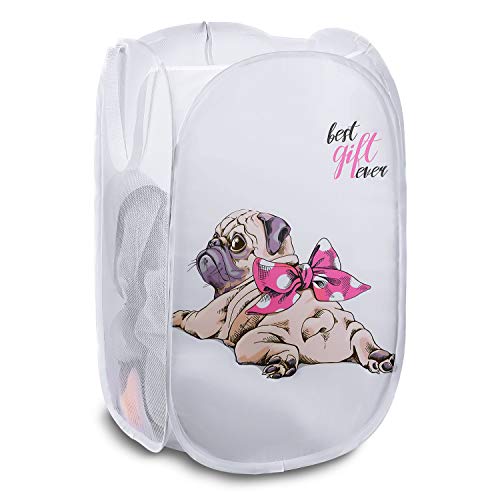 Product Cover Strong Mesh Pop-up Laundry Hamper, Quality Laundry Basket with Durable Handles Solid Bottom High Carbon Steel Frame, Easy to Open and Fold Flat for Storage, Odors & Moisture Proof - Cute Puppy Design