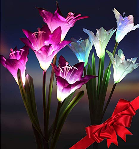 Product Cover Xergy Outdoor Solar Garden Lights; Multi-Color Changing LED Solar Landscape Decorative Lights for Garden; Balcony; Driveway(3 Pack Solar Stakes with 12 Lily Flower)(Pink; White and Purple Flowers)