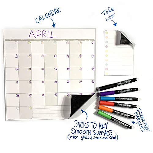 Product Cover mcSquares Stickies Dry Erase Calendar & To Do List - Sticks to Stainless Steel (Any Smooth Surface) - Monthly Whiteboard for Refrigerator, Mirror, Desk, Door, Window - Smudge-Free Markers Included