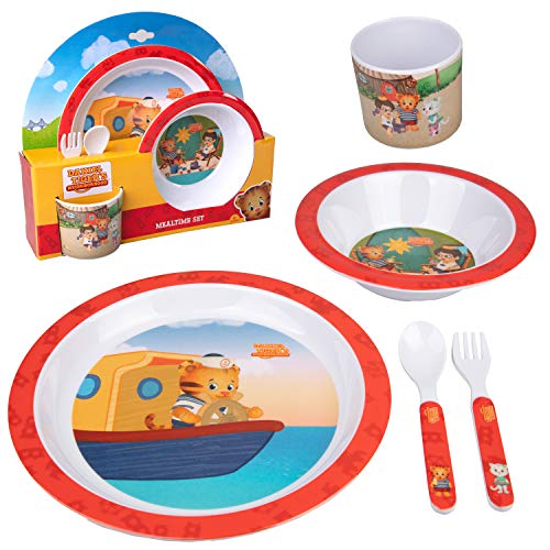 Product Cover Daniel Tiger 5 Pc Mealtime Feeding Set for Kids and Toddlers - Includes Plate, Bowl, Cup, Fork and Spoon Utensil Flatware - Durable, Dishwasher Safe, BPA Free (Red)
