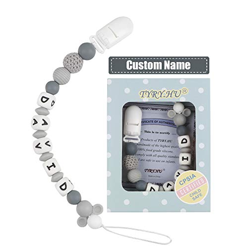 Product Cover TYRY.HU Personalized Pacifier Clips Silicone Teether Toys Holder Chain for Baby Boys Girls Shower Gift (Grey)