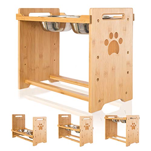 Product Cover PUPTECK Raised Pet Bowls for Cats and Dogs Adjustable Bamboo Elevated Feeder Stand with 2 Stainless Steel Bowls