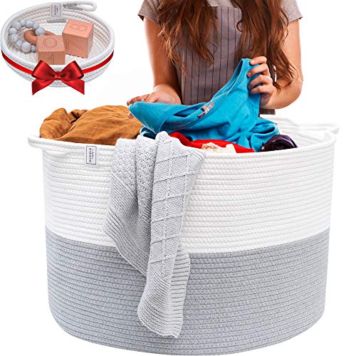 Product Cover Blanket Basket Cotton Rope Basket - XXL Extra Large Woven Basket with Bonus Woven Storage Basket Tray - Woven Storage Baskets Perfect as a Toy Basket, Blanket Basket, Rope Laundry Basket