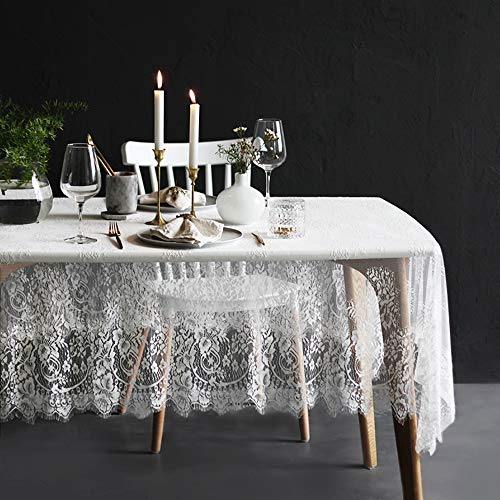 Product Cover Lahome White Lace Tablecloth - Rose Vintage Embroidered Lace Table Cover for Boho Wedding Banquet Rustic Tabletop Bridal Shower Baby Shower Birthday Party Decor (White, Rectangle - 60