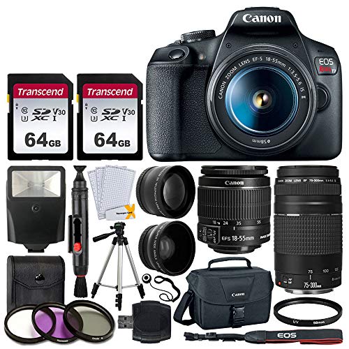 Product Cover Canon EOS Rebel T7 DSLR Camera + EF-S 18-55mm f/3.5-5.6 is II + EF 75-300mm f/4-5.6 III Lens + Canon EOS Shoulder Bag + 2X 64GB Memory Card + 58mm Wide Angle & Telephoto Lens + Slave Flash + Tripod
