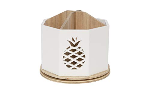 Product Cover Spinning Desktop Stationary Organizer - Decorative Wooden Rotating Pen and Pencil Cup - 4 Compartment White Desk and Table Top Office Supplies Station with Pineapple Cutout - by Designstyles