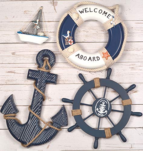 Product Cover Wooden Nautical Lighthouse Anchor Wall Hanging Ornament, Beach Wooden Boat Ship Steering Wheel Wall Decor, Nautical Sailing Ship Home Display Decor, Nautical Life Ring Wall Beach House Decor