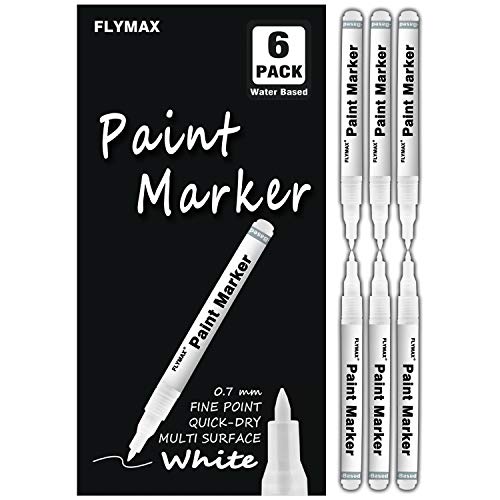 Product Cover White Paint Pen, 6 Pack 0.7mm Acrylic White Permanent Marker White Paint Pens for Wood Rock Plastic Leather Glass Stone Metal Canvas Ceramic Marker Extra Very Fine Point Opaque Ink