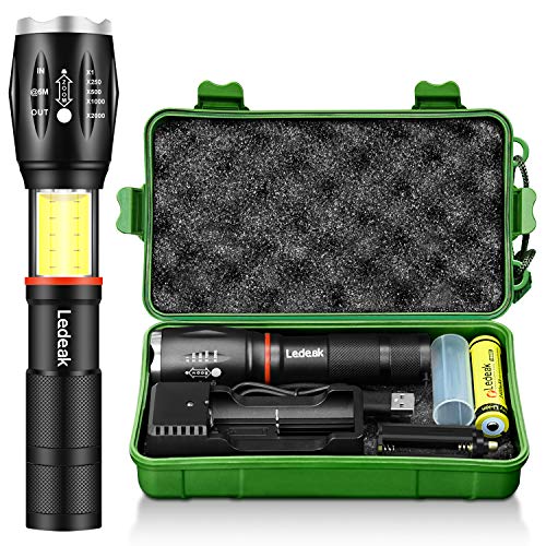 Product Cover LED Tactical COB Flashlight, Ledeak CREE T6 1000 Lumens Ultra Bright Powerful Tail Magnet Flashlight, 6 Modes Waterproof Handheld Zoomable Work Light, Rechargeable Battery + USB Charger Included