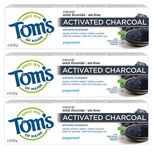 Product Cover Tom's of Maine Activated Charcoal Toothpaste, Natural Toothpaste, Peppermint with Fluoride, 4.7 oz 3 Pack