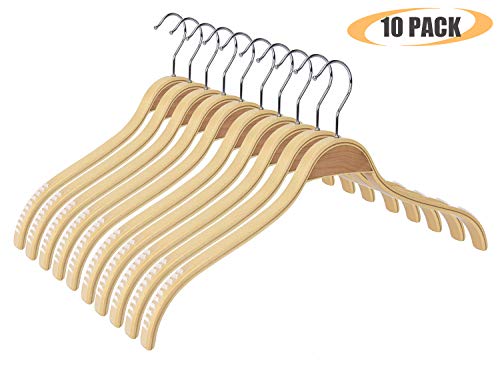 Product Cover EAZONE Durable Wooden Clothes Hangers Natural Finish Extra Wide with Soft Non-Slip Stripes - 10 Pack