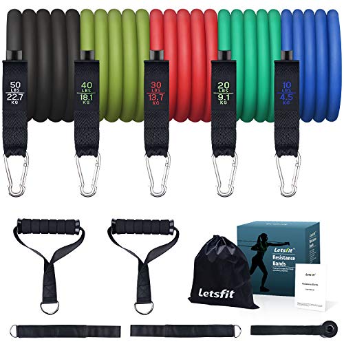 Product Cover Letsfit Resistance Bands Set, Exercise Bands with Handles, Training Tubes with Door Anchor & Ankle Straps for Resistance Training, Physical Therapy, Home Workout, Yoga, Pilates Stackable up to 150 lb