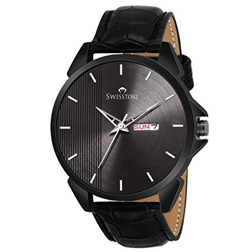Product Cover SWISSTONE SW480-BLK Black Leather Strap Wrist Watch for Men