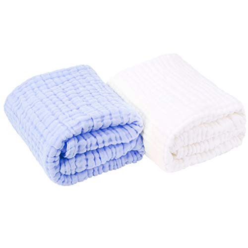 Product Cover AIMIUKIDS Newborn Muslin Baby Towel Cotton Gauze Super Soft Baby Bath Towels 6 Layers Infant Towels 2 Pack 43.3''x43.3''(White,Blue)