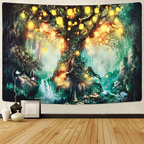 Product Cover Sevenstars Forest Fairy Tales Tapestry Lantern Tapestry Waterfalls Under Tree of Life Tapestry Psychedelic Forest Tapestry Fantasy Tree Tapestries for Room (59.1 x 59.1 inches, Forest Fairy Tales)