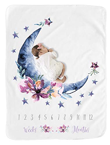 Product Cover BUTTZO Baby Moon Monthly Milestone Blanket for Girl Boy/Large Baby Blankets for Girls and Boys Newborn Photography Premium Fleece Baby Monthly Blanket Shower Gifts (Moon, 40 X 50 inches)
