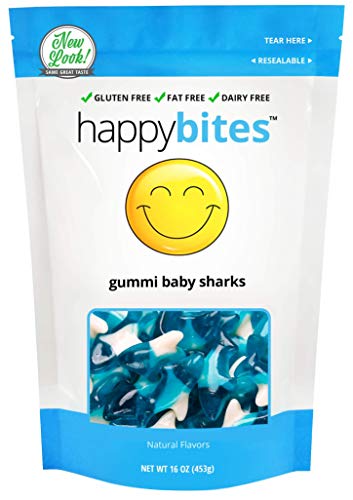 Product Cover Happy Bites Gummi Baby Sharks - Blue Raspberry, Cherry, & Lemon Lime - Gluten Free, Fat Free, Dairy Free - Resealable Pouch (1 Pound)