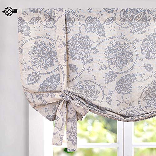 Product Cover Tie Up Curtains for Windows Linen Textured Adjustable Tie-up Shade for Kitchen Rod Pocket Medallion Design Rustic Jacobean Floral Printed Tie-up Valance (1 Panel 45 Inches Grey)...