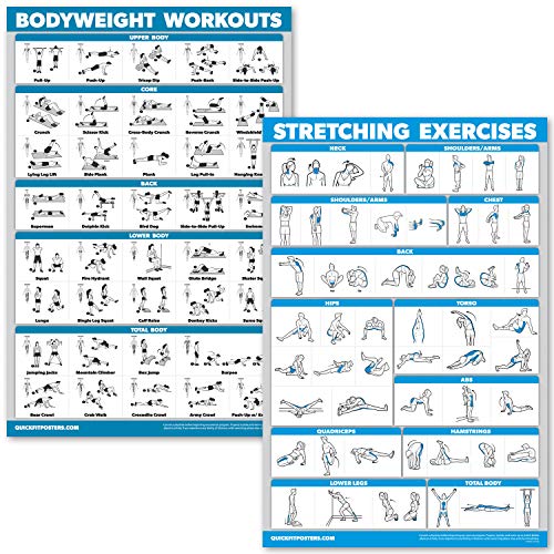 Product Cover QuickFit Bodyweight Workouts and Stretching Exercise Poster Set - Laminated 2 Chart Set - Body Weight Exercise Routine & Stretching Workouts (18