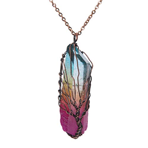 Product Cover Bivei Tree of Life 7 Chakra Gemstone Copper Wire Wrap Irregular Clear Quartz Point Crystal Pendant Necklace(Bronze Titanium Coated Multi Color #1)