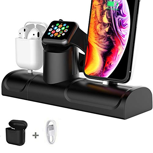 Product Cover 3 in 1 Charging Stand for Apple Watch iPhone AirPods Charger Holder Docking Station Dock Silicone Support for iWatch 4/3/2/1/ AirPods/iPhone XR/XS /8/8 Plus/ 7/7 Plus Black (3 in 1 Stand)