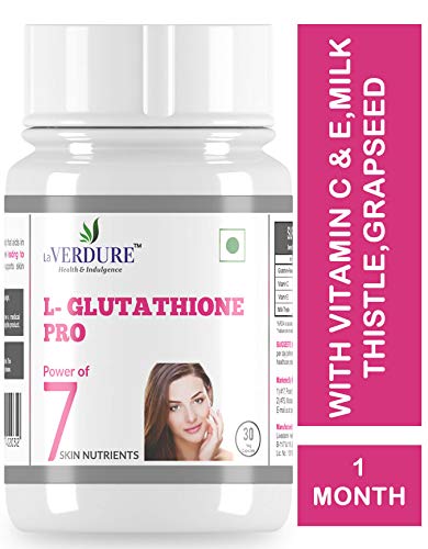 Product Cover Verdure L Glutathione with Vitamin C & E, Biotin, Milk Thistle, Grapeseed extract & Alpha Lipoic acid - 1000mg / 2 Capsules for Skin Health - 1 month