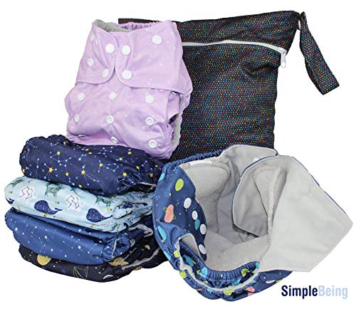 Product Cover Simple Being Reusable Cloth Diapers, Double Gusset, One Size Adjustable, Washable Soft Absorbent, Waterproof Cover, Eco-Friendly Unisex Baby Girl Boy, six 4-Layers Microfiber Inserts (Constellation)
