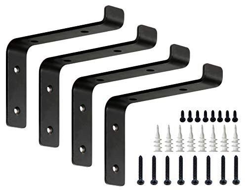 Product Cover Mkono 4x6 Inches Wall Shelf Brackets with Lip Metal Right Angle Corner Brace Hanging DIY Shelving Hooks for Indoor Floating Shelves, Matte Black, Pack of 4