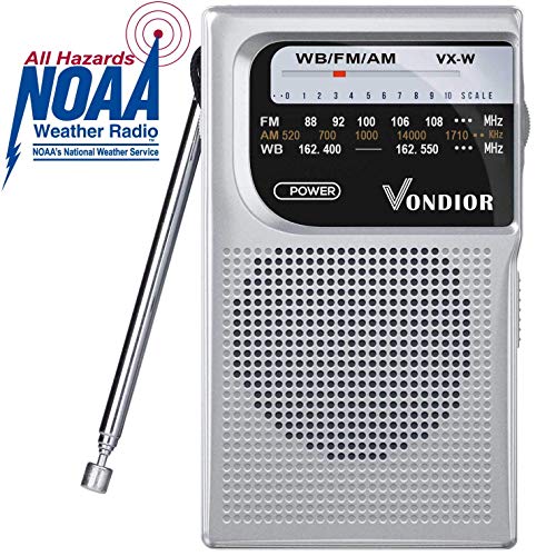 Product Cover NOAA Weather Radio - Emergency NOAA/AM/FM Battery Operated Portable Radio with Best Reception and Longest Lasting Transistor. Powered by 2 AA Battery with Mono Headphone Socket, by Vondior (Silver)