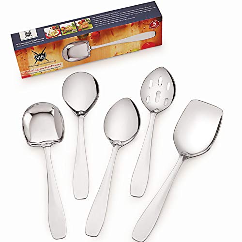 Product Cover Premium 5 Piece Stainless Steel Cooking & Serving Spoon Set, Includes Solid Spoon, Oval Spoon, Slotted Spoon, Square Spoon & MultiServer - Heavy Gauge Durability - Modern Mirror Finish Flatware