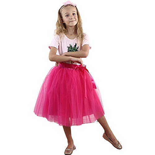 Product Cover Zcaynger Girls A-Line Skirt Tutu Dancing Dress 5-Layer Fluffy with Ribbon (Rose Red, one Size)