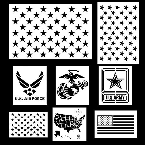 Product Cover Koogel 9pcs Plastic Stencil Template, American Flag 50 Star U.S(Map Flag Marine Corps Army Air Force) for Planner/Notebook/Diary/Scrapbook/Graffiti/Card, DIY Drawing Painting Craft Projects