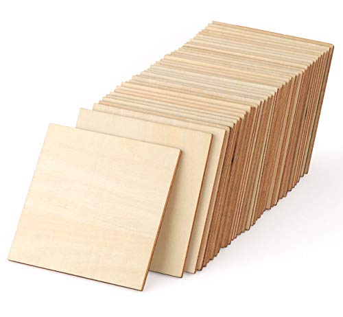 Product Cover ilauke Unfinished Wood Pieces 50 Pcs 4 Inch Square Blank Wood Natural Slices Wooden Squares Cutouts for DIY Crafts Painting Staining Burning Coasters